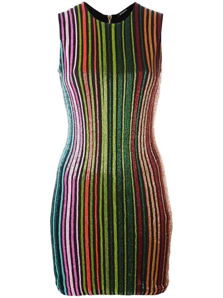 Balmain Striped Sequin Dress, Women's, Size: 40, Black, Spandex/elastane/viscose/glass/polyamide