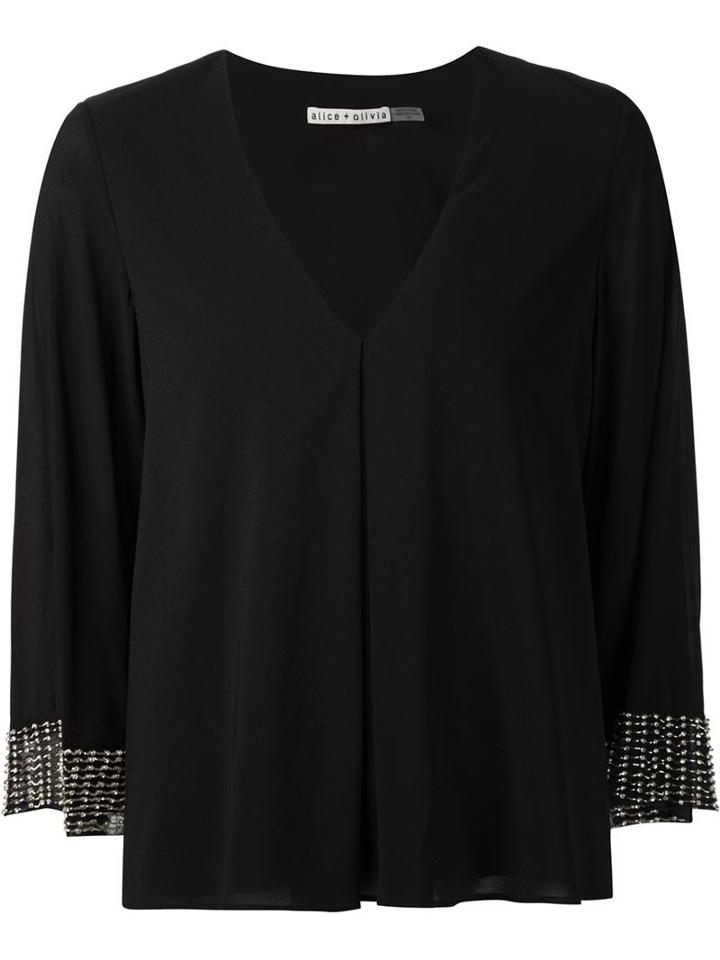 Alice+olivia Beaded Cuffs V-neck Top, Women's, Size: Small, Black, Silk/spandex/elastane