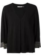 Alice+olivia Beaded Cuffs V-neck Top, Women's, Size: Small, Black, Silk/spandex/elastane
