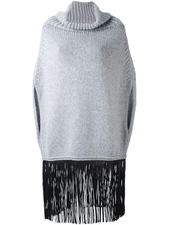 Agnona Cape Fringed Knitted Top, Women's, Size: Large, Grey, Lamb Skin/cashmere