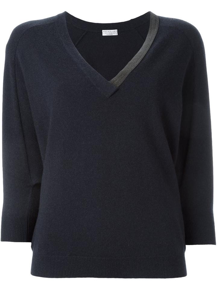 Brunello Cucinelli V-neck Sweater, Women's, Size: Large, Blue, Cashmere/brass