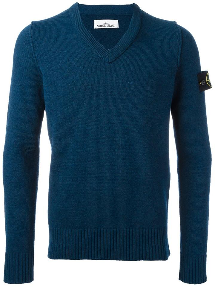 Stone Island V Neck Jumper, Men's, Size: Xl, Blue, Polyamide/wool