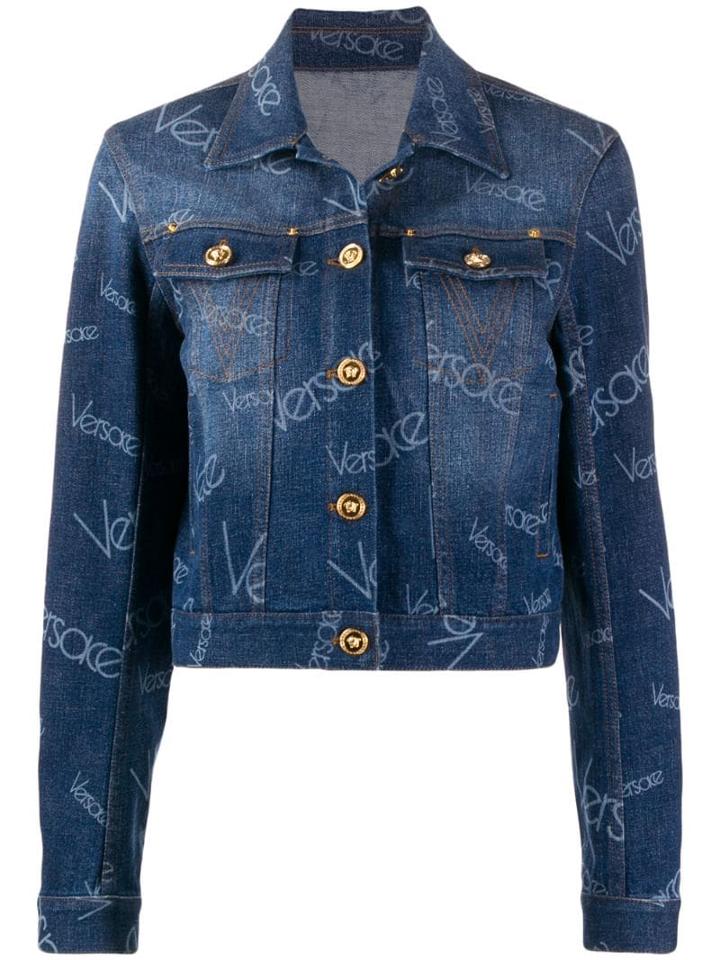 Versace Logo Pattern Denim Jacket - Blue