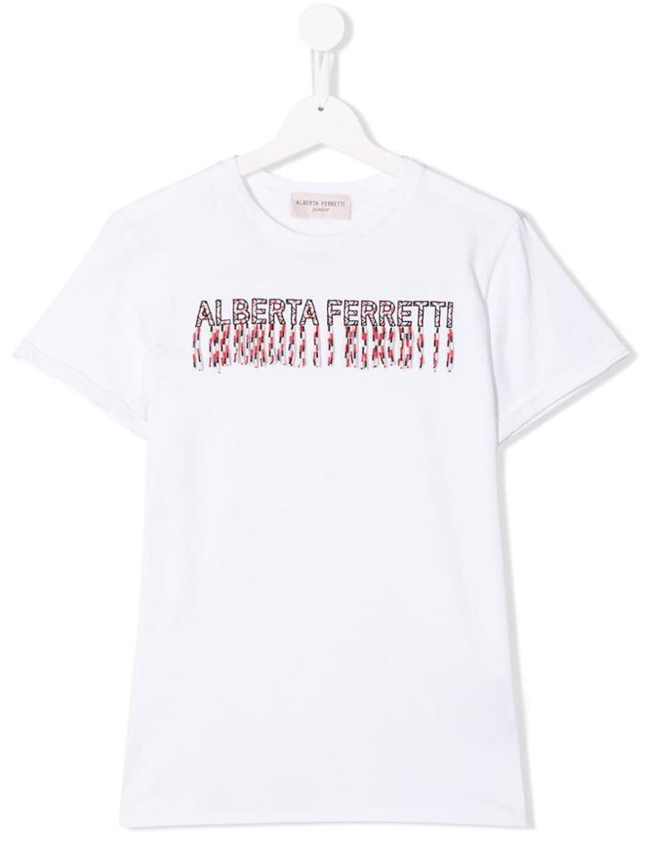 Alberta Ferretti Kids Teen Beaded Fringe Logo T-shirt - White