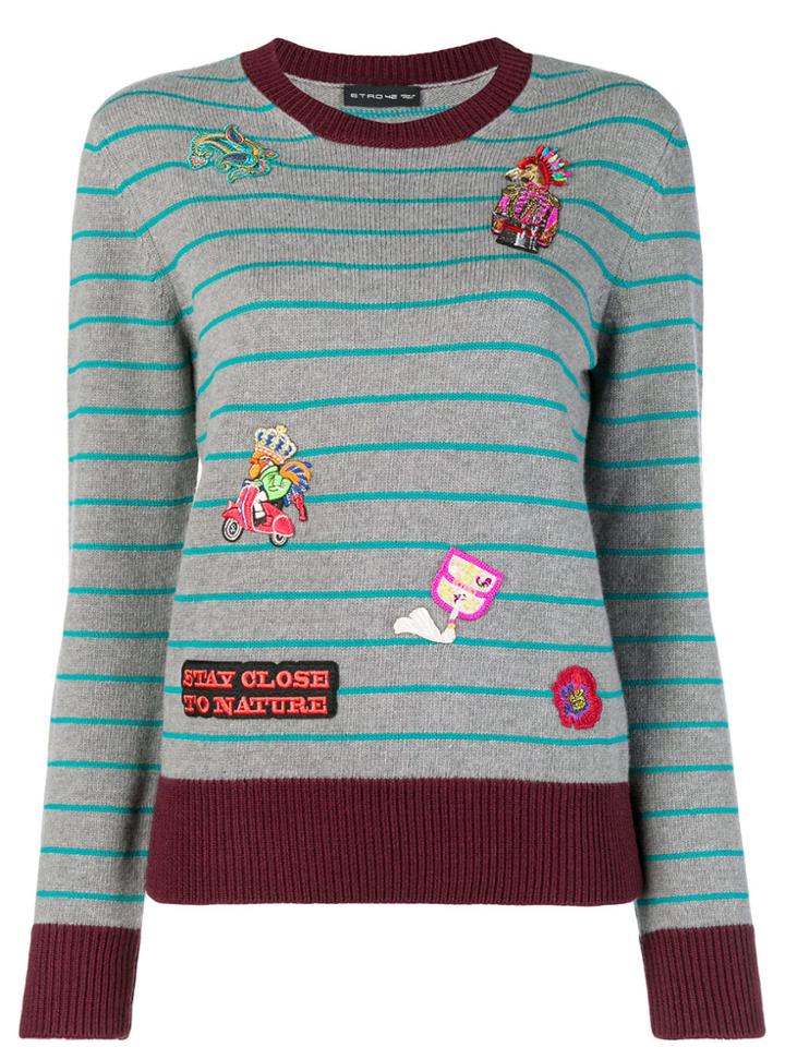 Etro Embroidered Striped Sweater - Grey