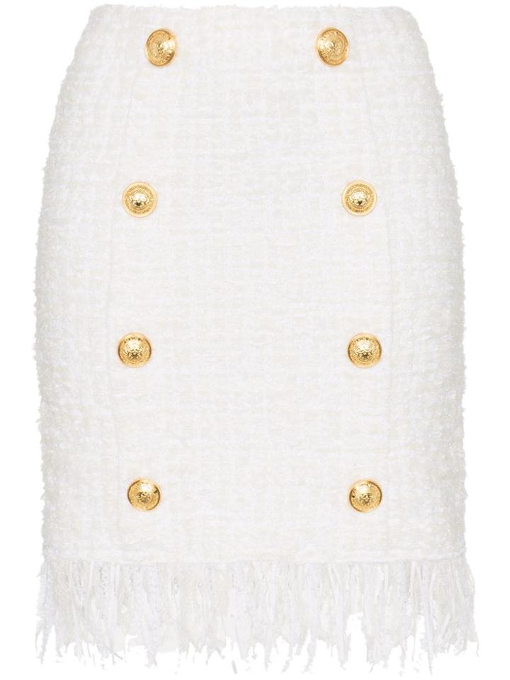 Balmain Tweed Shredded Hem Gold Tone Button Skirt - White