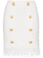 Balmain Tweed Shredded Hem Gold Tone Button Skirt - White
