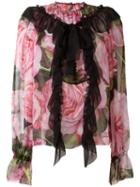 Dolce & Gabbana Rose Print Ruffled Blouse, Size: 36, Black, Silk