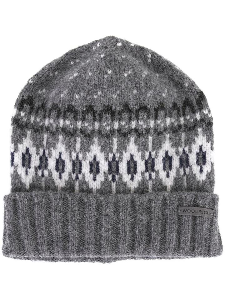 Woolrich Intarsia Check Beanie, Men's, Size: Large, Grey, Polyamide/wool