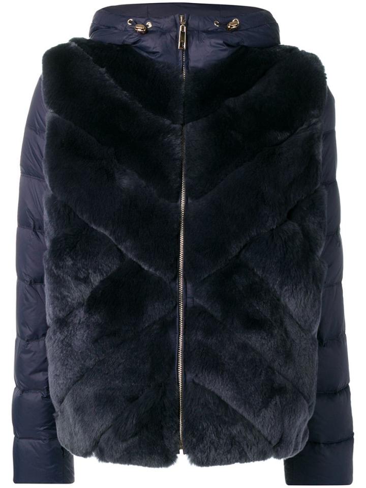 Liska Rabbit Fur Padded Hooded Coat - Blue