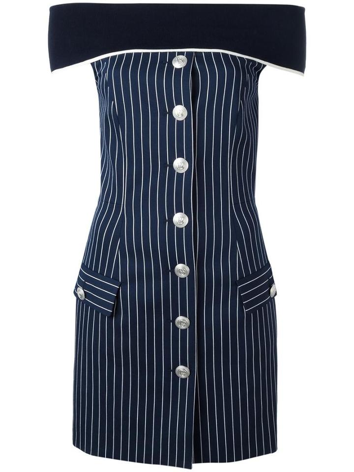 Pierre Balmain Pinstripe Off-shoulder Dress, Women's, Size: 36, Blue, Cotton/polyamide/spandex/elastane/viscose