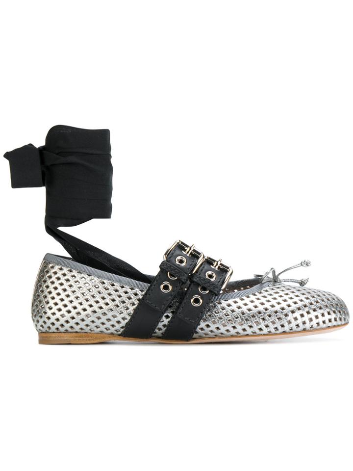 Miu Miu Ankle Tie Perforated Ballerina Shoes - Grey