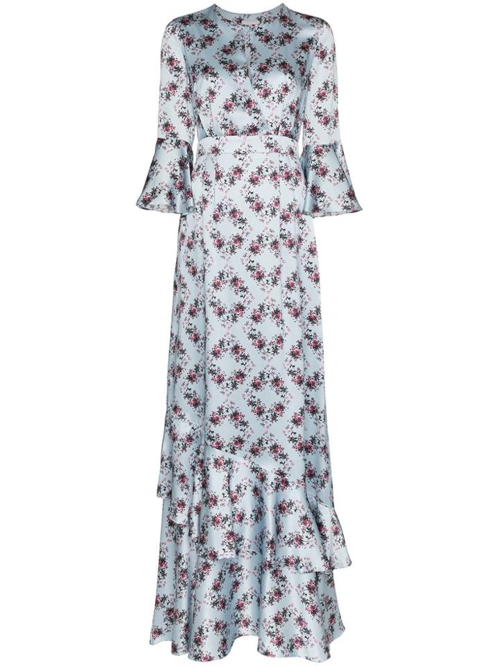 Erdem Floral Print Silk Long Dress - Blue
