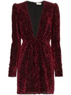 Saint Laurent Deep V Neck Devoré Snowflake Velvet Mini Dress - Red
