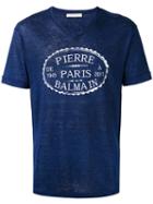 Pierre Balmain V-neck Logo Print T-shirt, Size: 48, Blue, Linen/flax