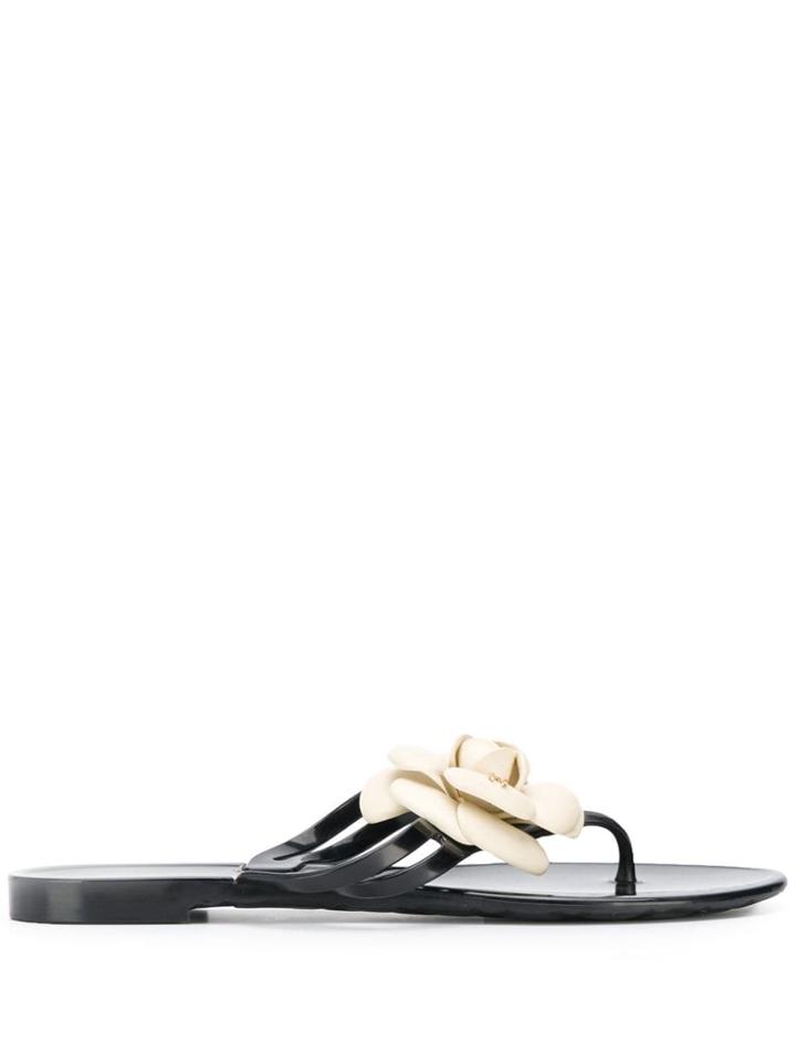 Chanel Vintage Floral Applique Flip Flops - Black