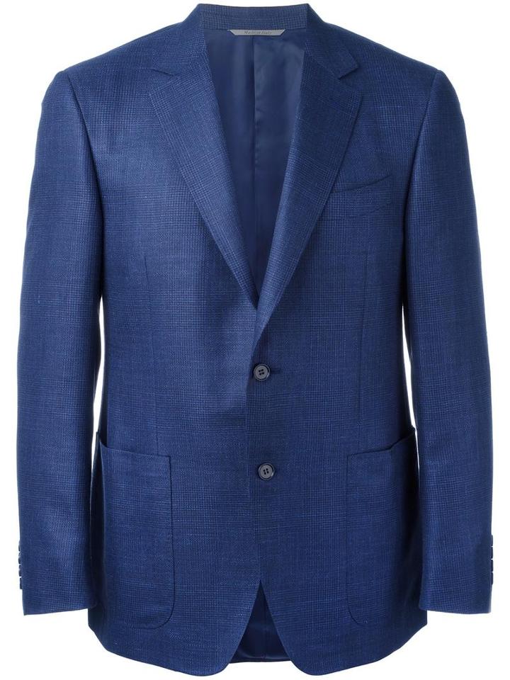 Canali Patch Pockets Blazer, Men's, Size: 52, Blue, Silk/linen/flax/wool/cupro