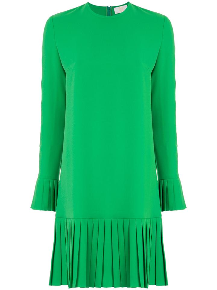 Sara Battaglia Long-sleeved Pleated Skirt Dress - Green