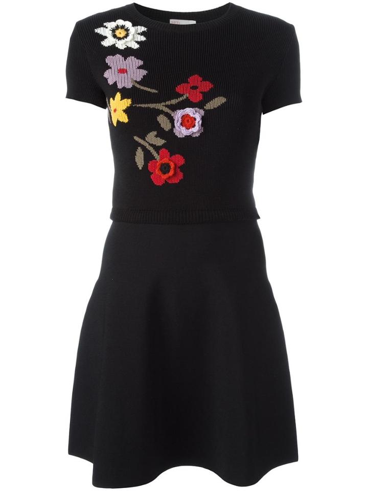 Red Valentino Floral Pattern Knitted Dress - Black