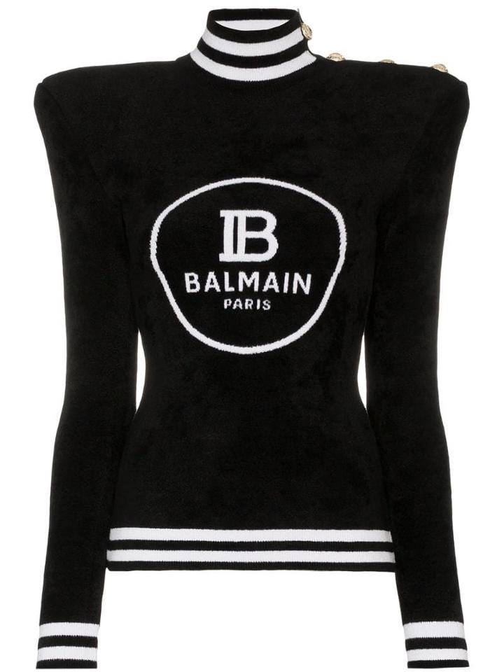 Balmain Padded-shoulder Logo Intarsia Jumper - Black