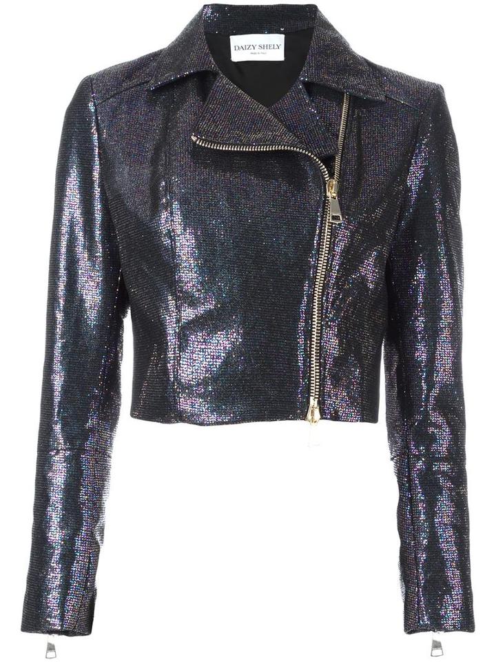 Daizy Shely Cropped Biker Jacket, Women's, Size: 42, Blue, Acetate/polyester/cotton/other Fibers