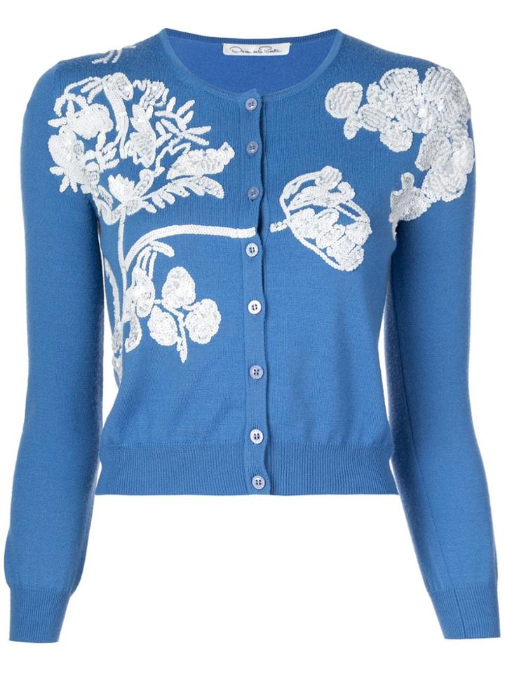 Oscar De La Renta Toile Du Jouy Sequin Cardigan - Blue