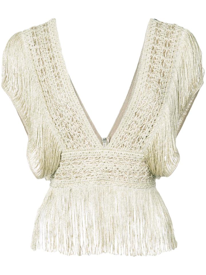 Patbo Fringe Crochet V-neck Top - Nude & Neutrals