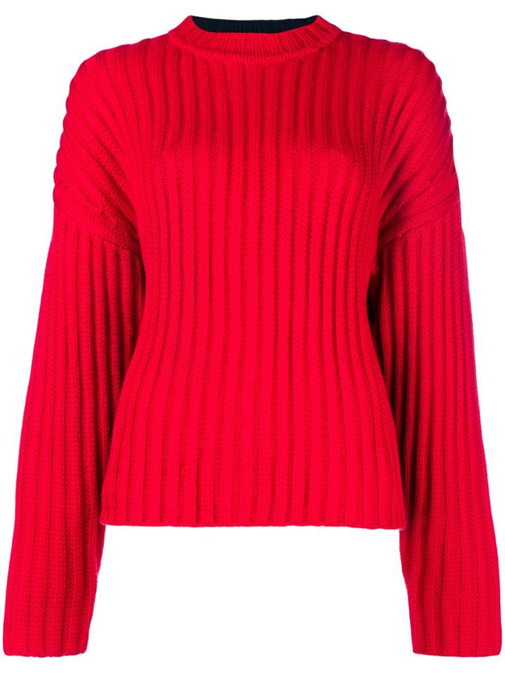 Jil Sander Navy Bicolour Cable Knit Sweater - Red