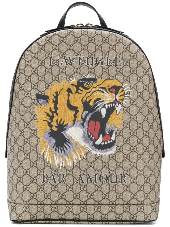 Gucci Gg Supreme Tiger Embroidered Backpack - Nude & Neutrals