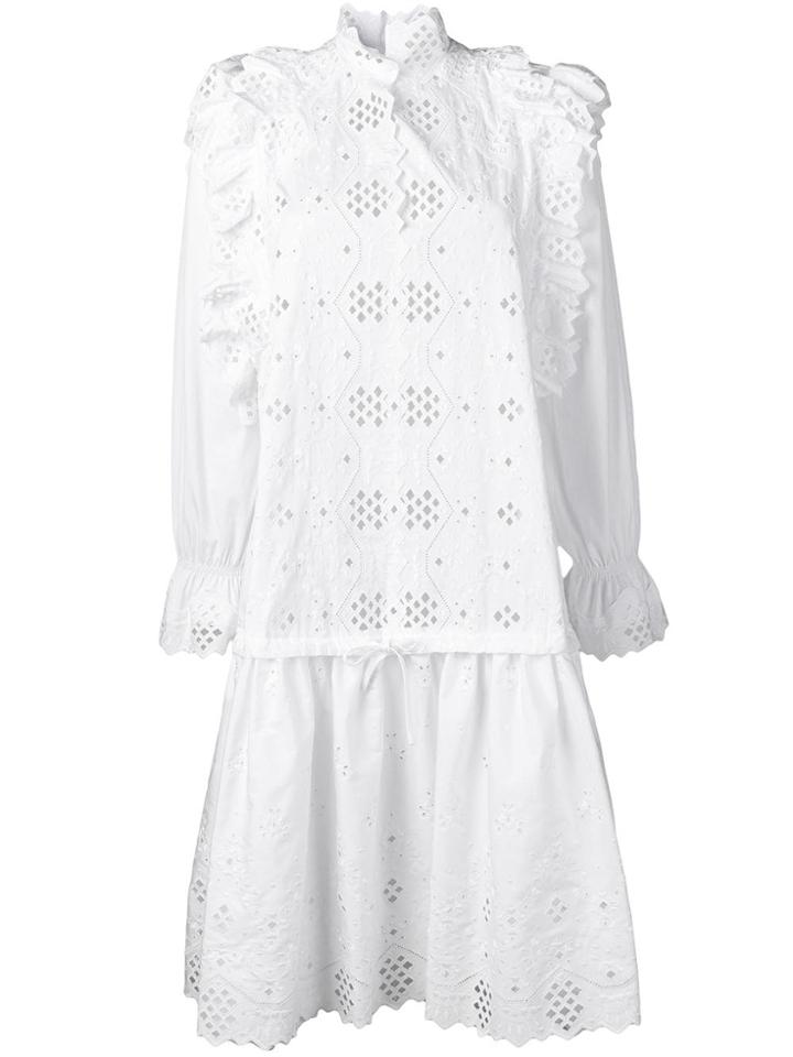 Alberta Ferretti Embroidered Ruffle Detail Dress - White