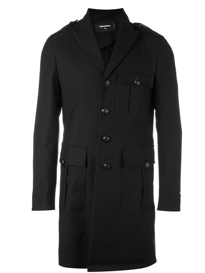 Dsquared2 Long Peacoat, Men's, Size: 52, Black, Silk/polyester/viscose/virgin Wool