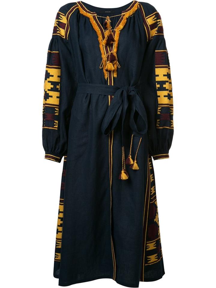 Vita Kin Pompom Detailing Belted Dress, Size: Small, Blue, Linen/flax