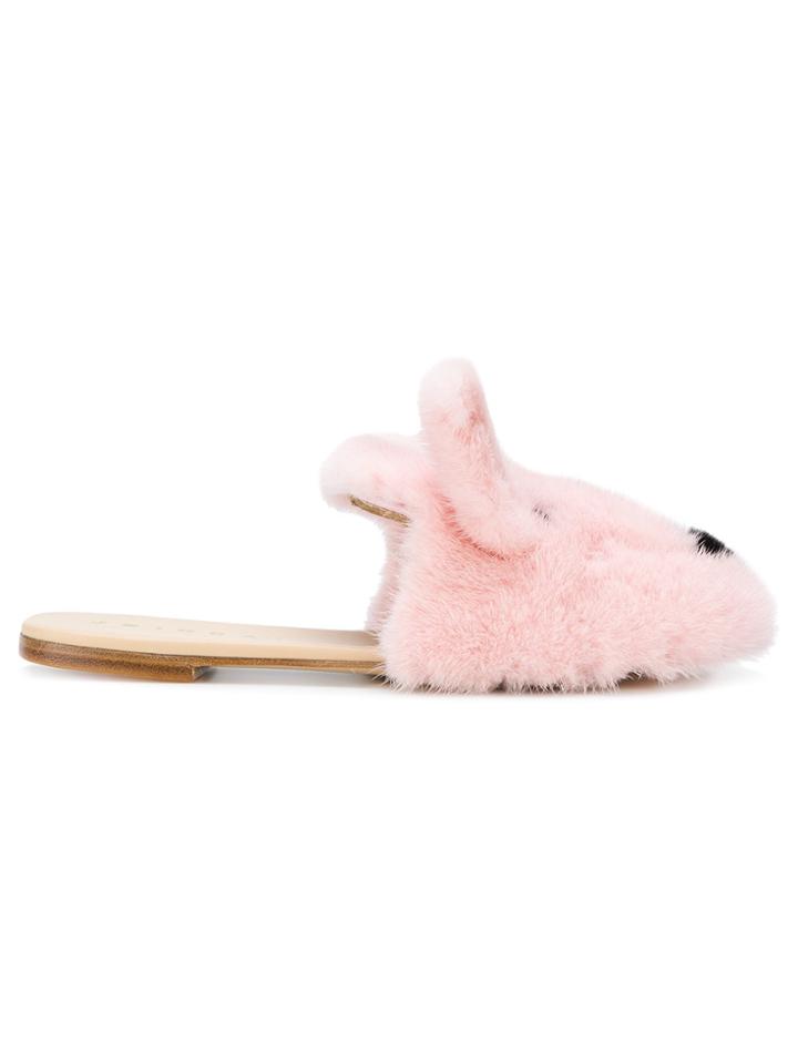 Joshua Sanders Rabbit Fur Slippers - Pink & Purple