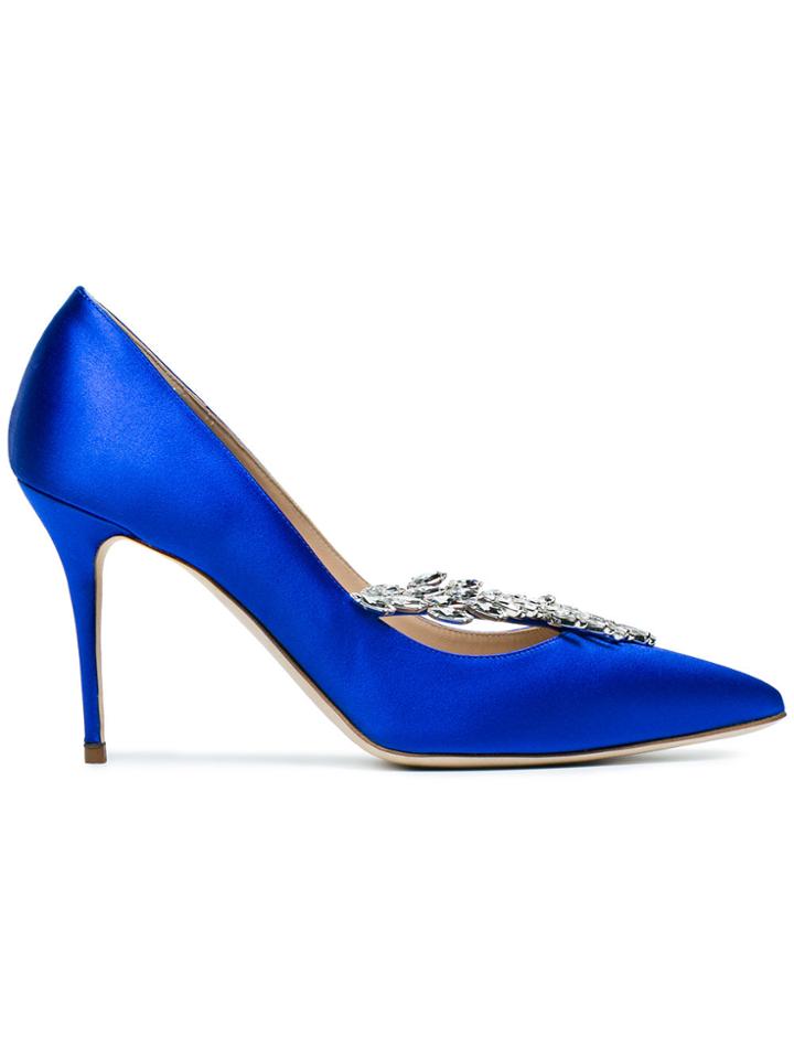 Manolo Blahnik Blue Satin Nadira Jewel 90 Pumps