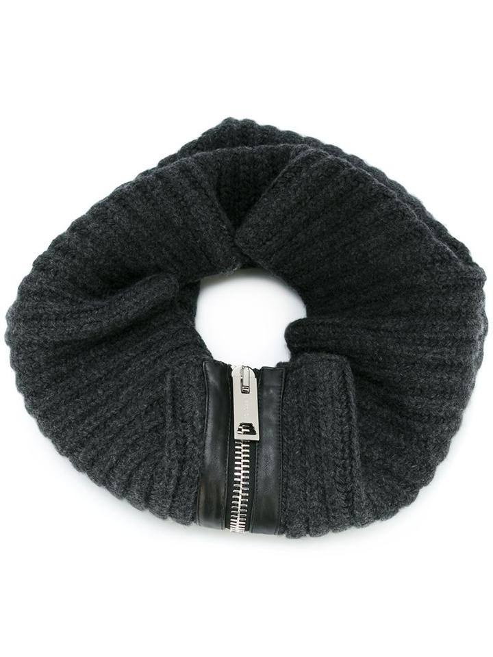 Les Hommes Ribbed Zip Scarf, Men's, Grey, Leather/wool