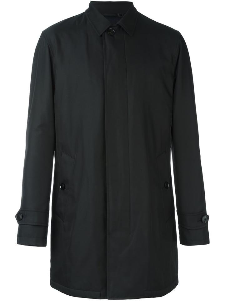 Ermenegildo Zegna Zip-up Mac Coat, Men's, Size: 52, Black, Lamb Skin/polyester/wool
