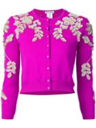 Oscar De La Renta Floral Threadwork Cardigan, Women's, Size: Small, Pink/purple, Virgin Wool