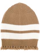 Msgm Striped Frayed Knitted Beanie - Brown