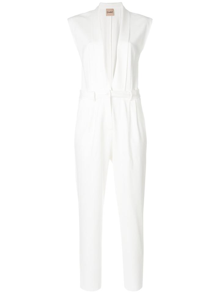 Nude Deep V-neck Jumpsuit - White