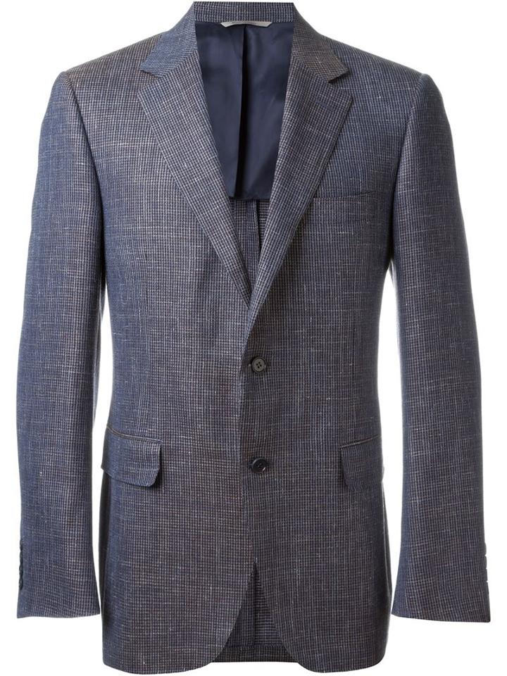 Canali Notched Lapel Blazer, Men's, Size: 54, Blue, Silk/linen/flax/cupro/wool