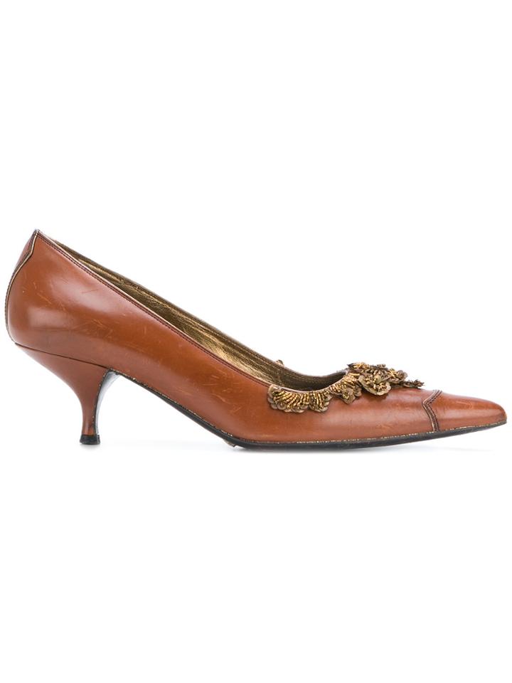 Prada Vintage Embroidered Pointed Pumps - Brown