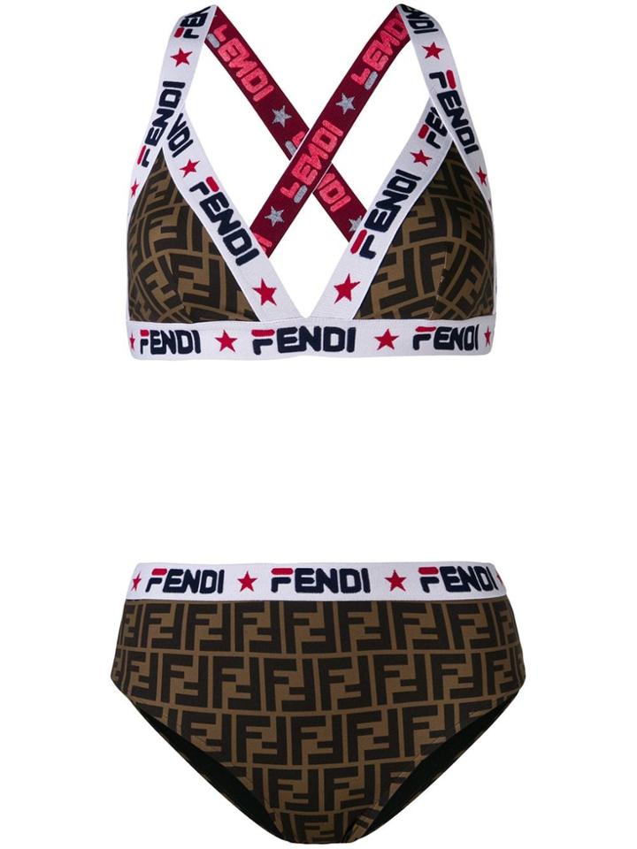 Fendi Logo Print Bikini - Brown