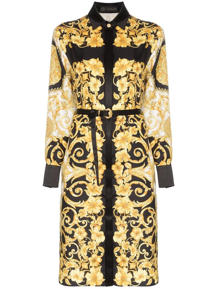 Versace Button-down Baroque Print Belted Silk Midi Dress - A7900