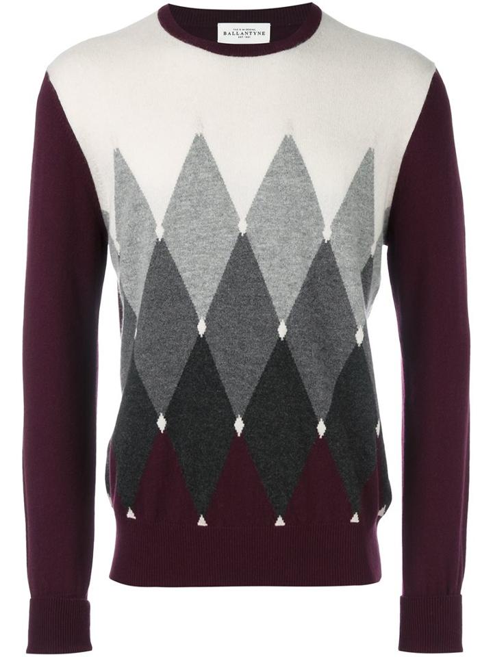 Ballantyne Contrast Diamond Print Jumper, Men's, Size: 50, Red, Cashmere