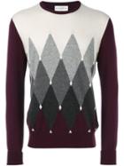 Ballantyne Contrast Diamond Print Jumper, Men's, Size: 50, Red, Cashmere