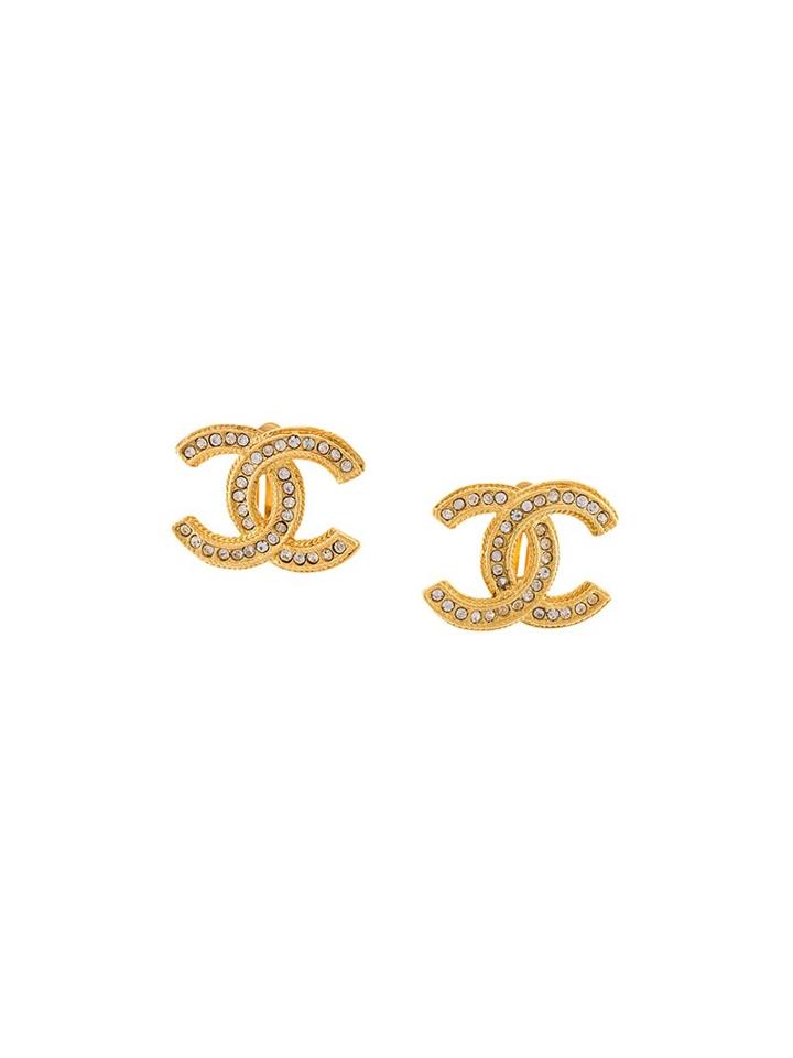 Chanel Vintage Cc Logo Stud Clip-on Earrings, Women's, Yellow/orange
