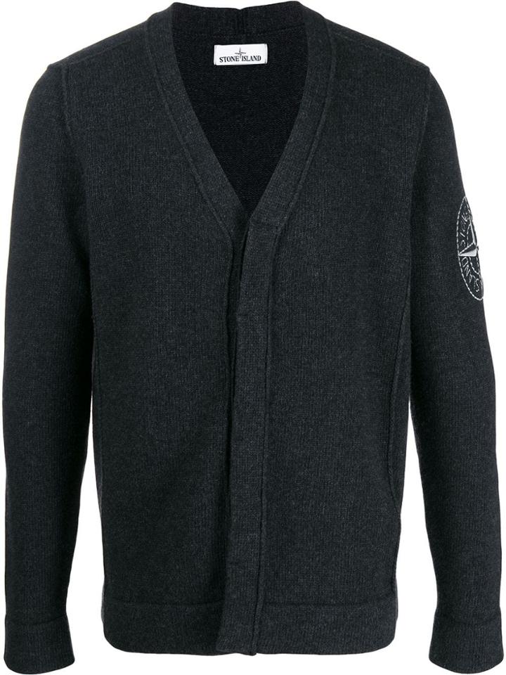 Stone Island Embroidered Logo V-neck Cardigan - Black
