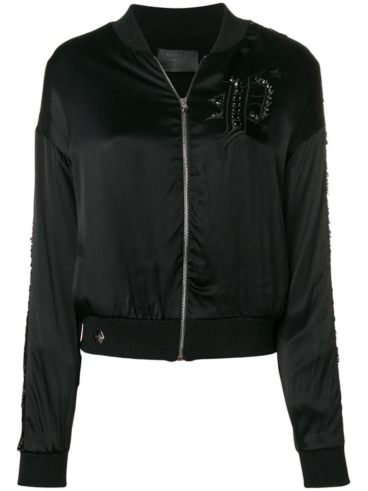 Philipp Plein Embroidered Satin Bomber Jacket - Black