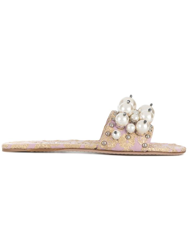 Miu Miu Embellished Jacquard Slides - Pink & Purple
