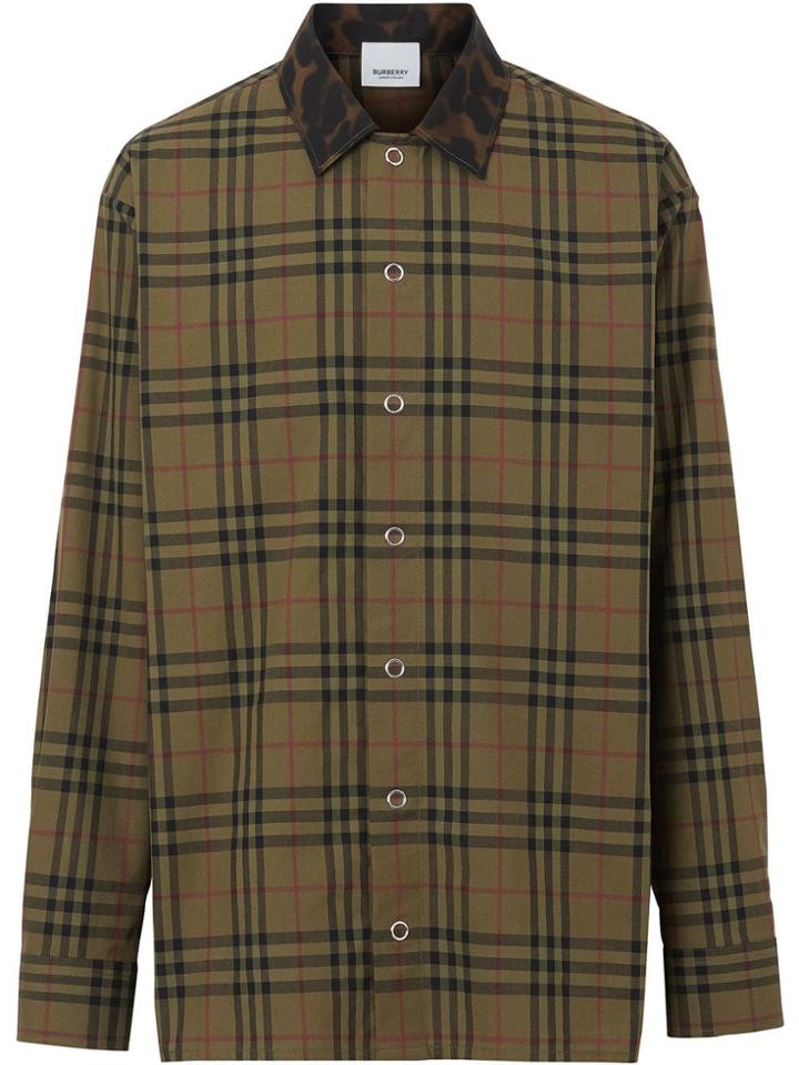 Burberry Contrast Collar Vintage Check Cotton Shirt - Green